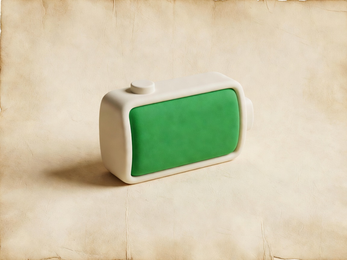 Soft 3D render of a full battery icon as a solid object on a parchment background