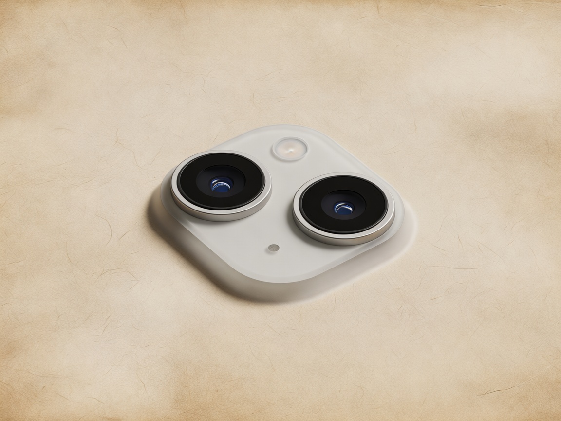 Soft 3D render of a dual-lens camera bump on a parchment background