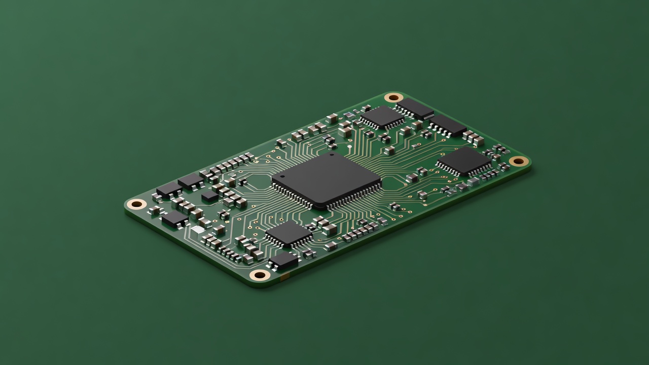Soft 3D render of a phone's internal board and processor chip on a forest green background