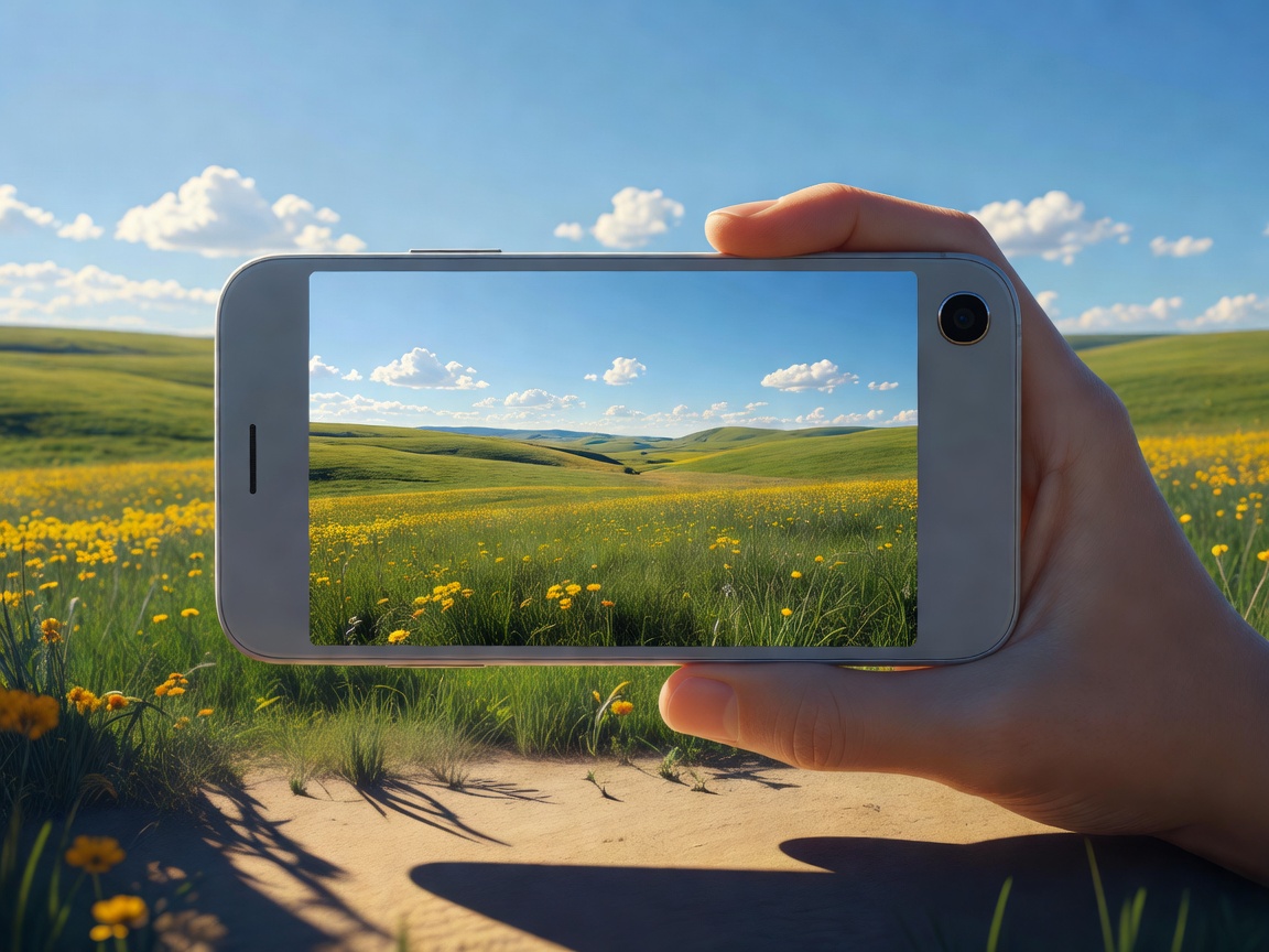 Soft 3D render of a budget phone held up to frame a sunny outdoor scene