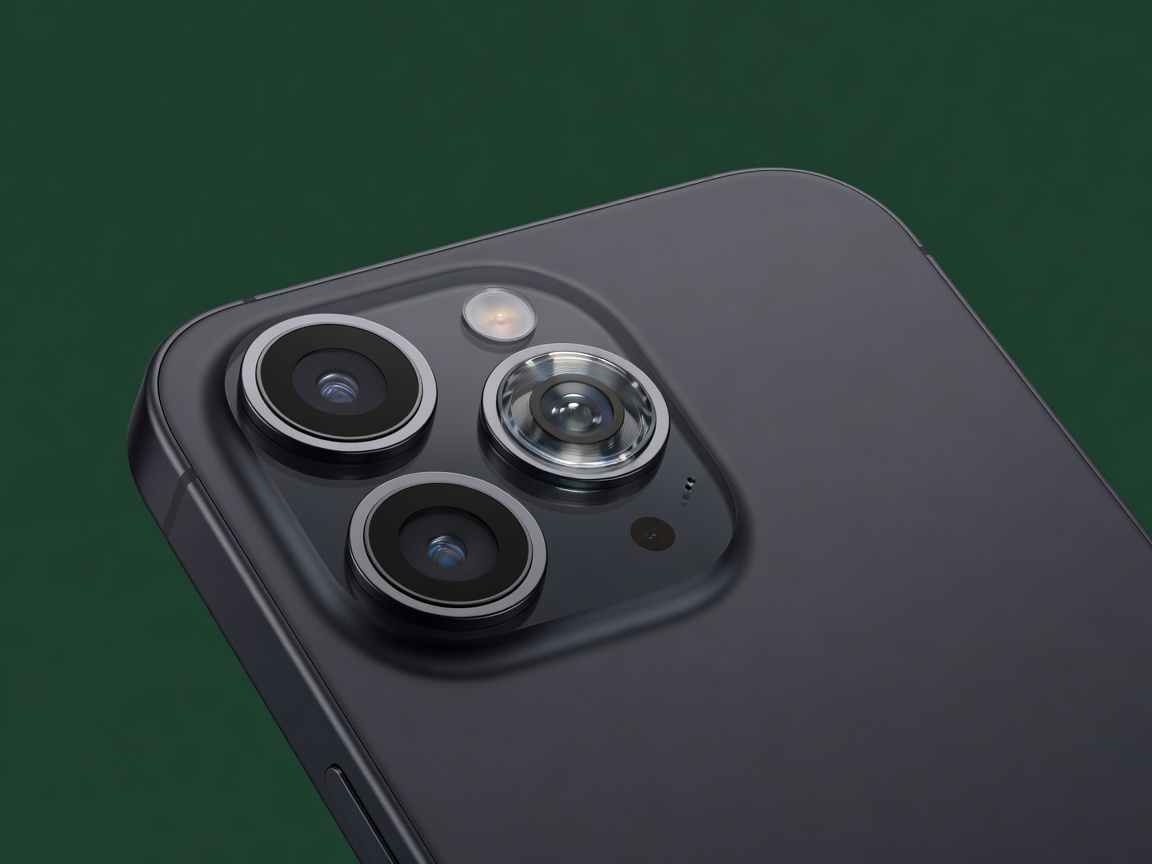 Soft 3D render of a phone back with three lenses including a telephoto, on a forest green background