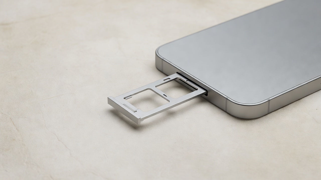 Soft 3D render of an open phone SIM tray on a parchment background